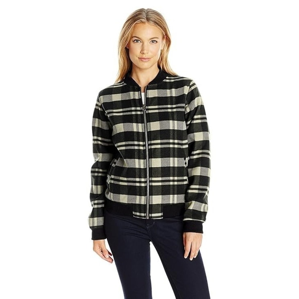 Columbia Plaid Bomber Jacket Wool Blend Black Ivory‎ Streetwear Women M